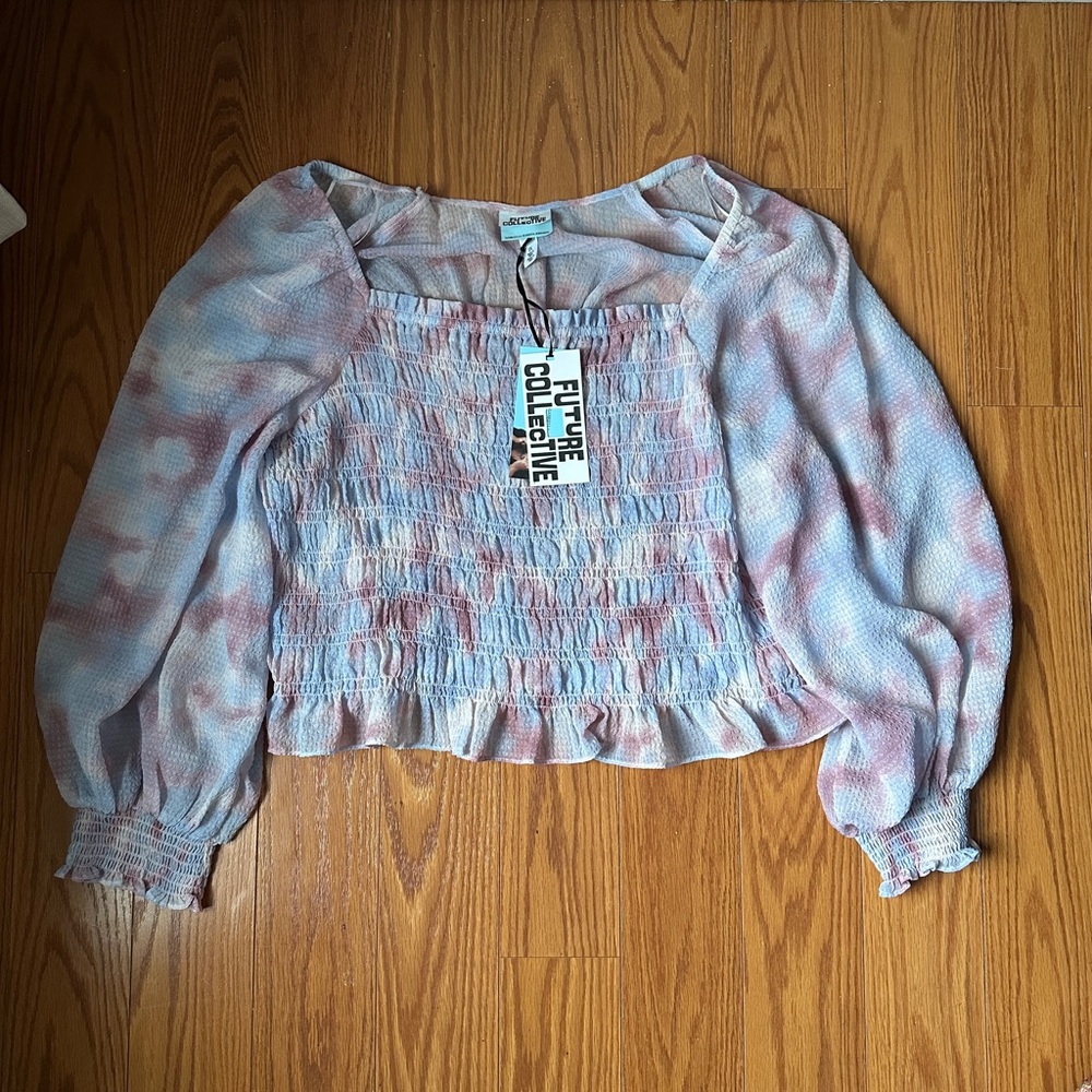 Future Collective Blue and Pink Smocked Top NWT